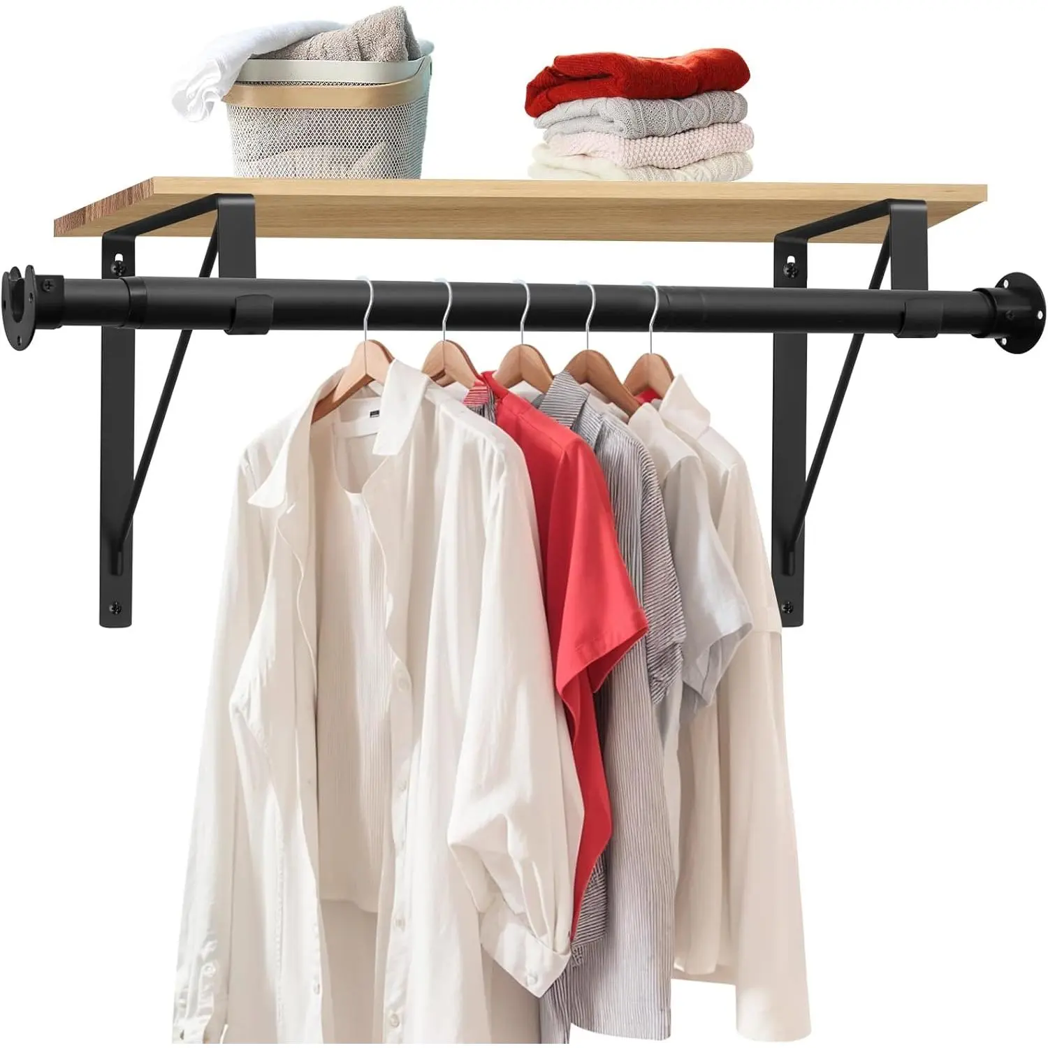 Closet Rod, 17 to 51 Inch Clothes Rods 1.3 Inches Heavy Duty Adjustable Closet Pole for  Clothes and Heavy Duty  Clothes Rod Bracket Closet Pole Support (Black)