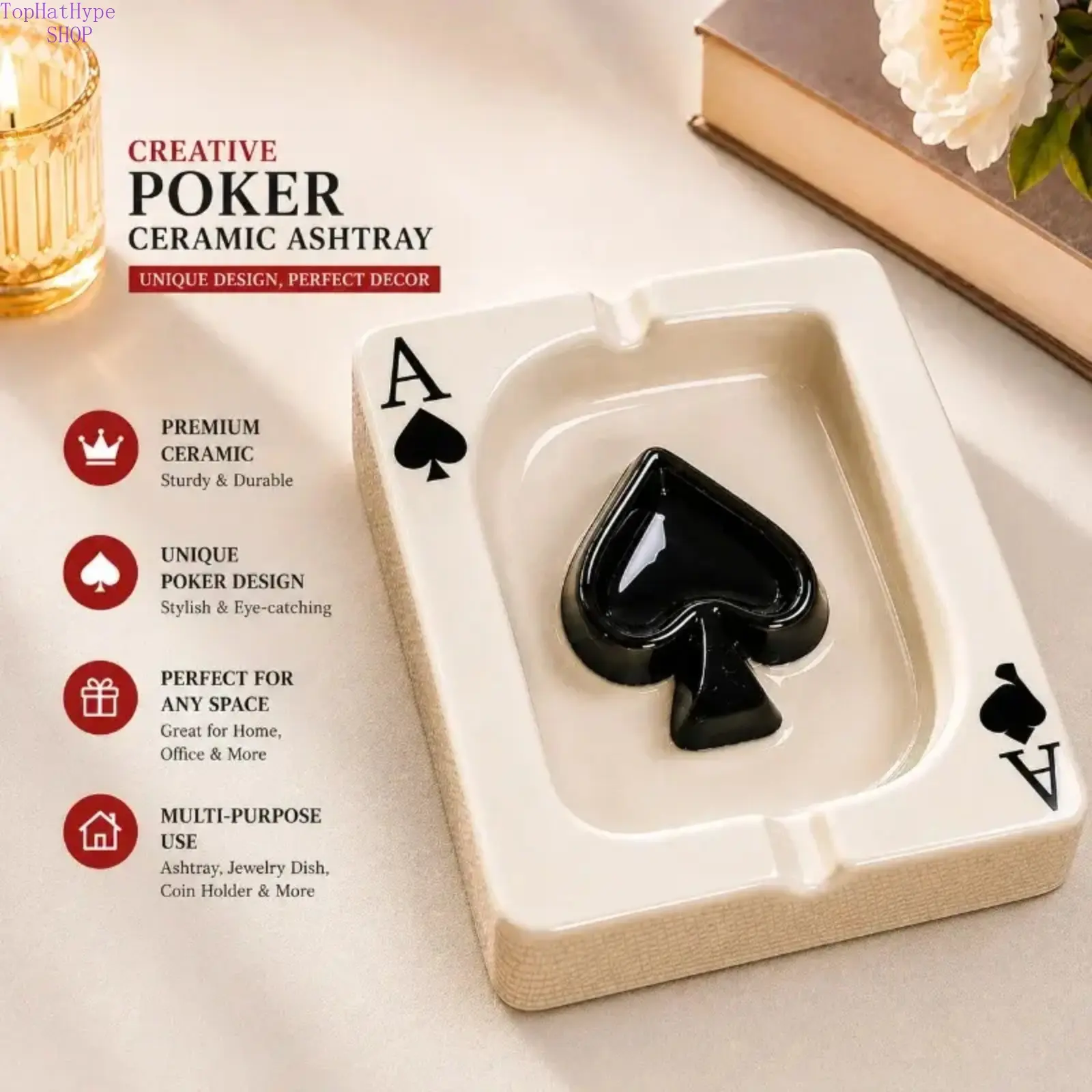 Spade‑Shaped Ceramic Ashtray, Smooth Curved Decorative Ash Tray, Funky Glam Home Tabletop Ornament, Stylish Keepsake Gift for Engagement Anniversary Housewarming Parties