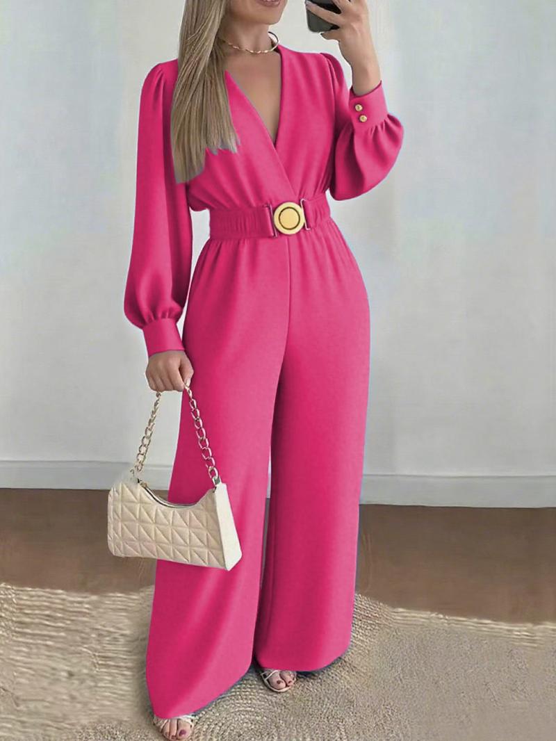 A set of casual women's waist cinched Belted jumpsuit V-neck bubble sleeve wide leg pants, suitable for autumn and winter, suitable for home, indoor, and outdoor wear A set of casual women's waist cinched Belted jumpsuit V-neck bubble sleeve wide leg pants, suitable for autumn and winter, suitable for home, indoor, and outdoor wear
