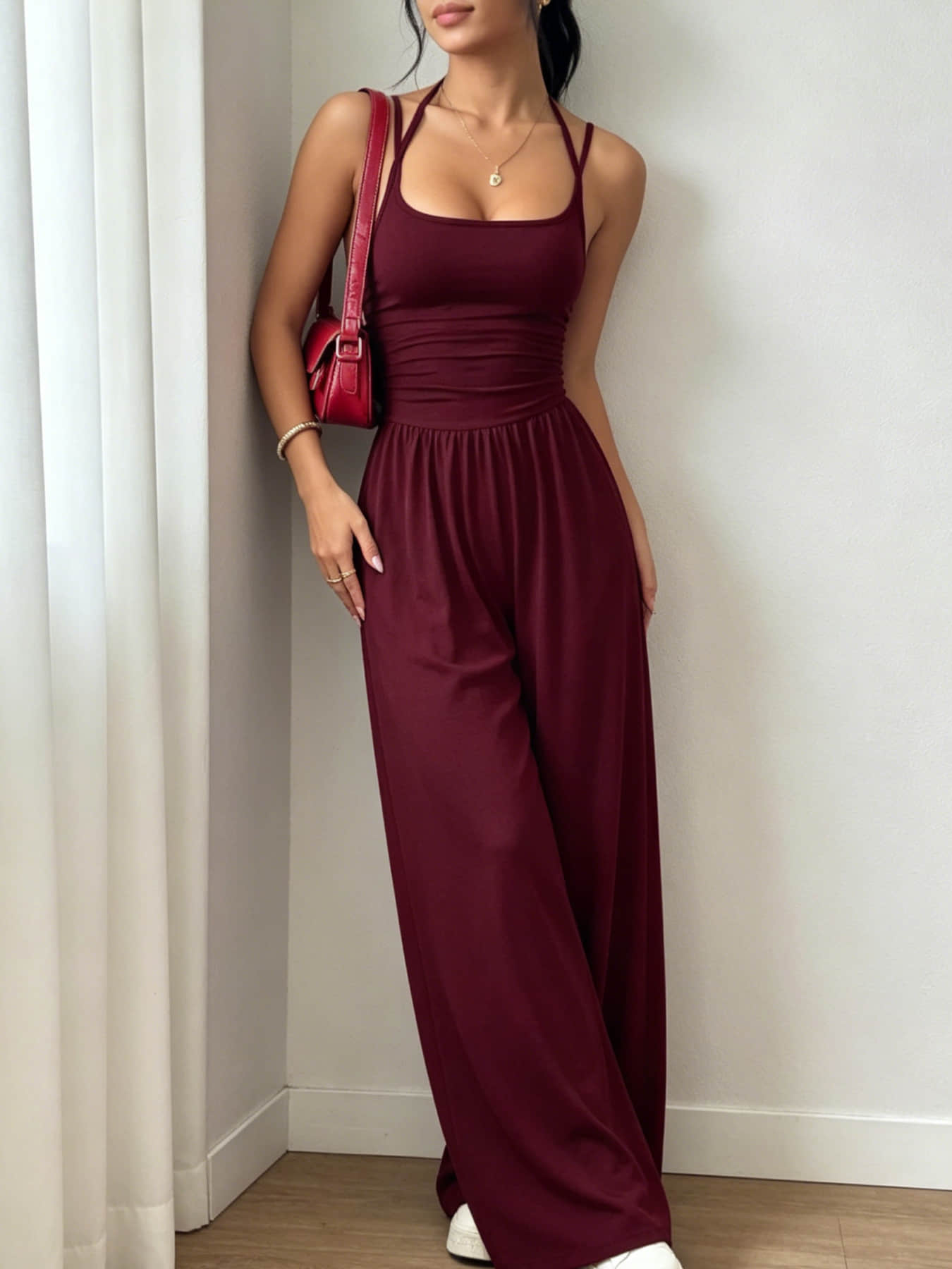 Summer New Fashion Women's Wear Design Double Fine Shoulder Strap One-Piece Wide Leg, Pleated Waist Design, Suitable for Commuting, Daily Wear, Vacation, Home, and Outdoor Adventures