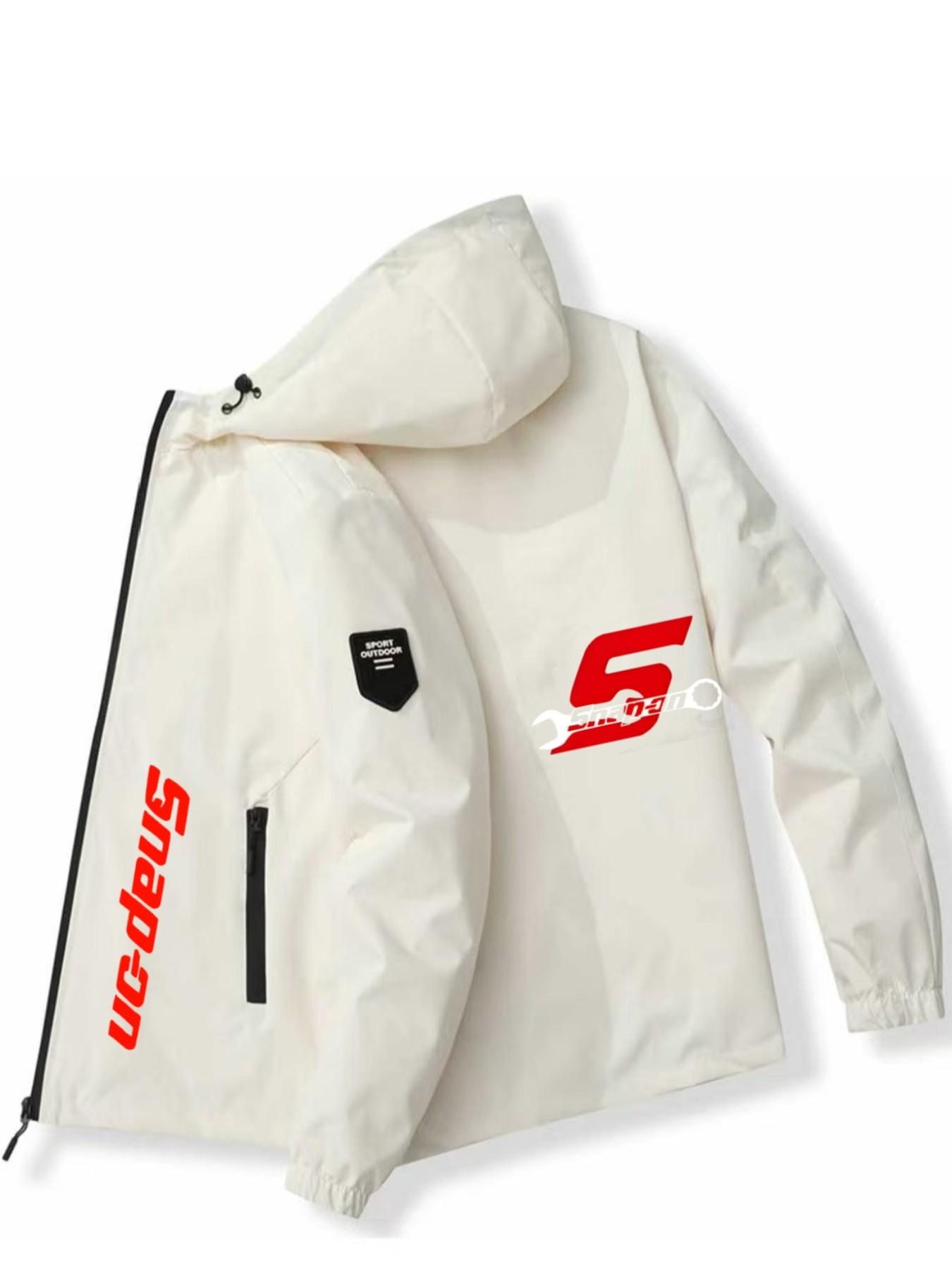 Daily Street Essential! Polyester Fiber Snap-On Hooded Jacket, Number 5 + Wrench Pattern, Soft Breathable Fabric, Loose Fit, Casual Vibe