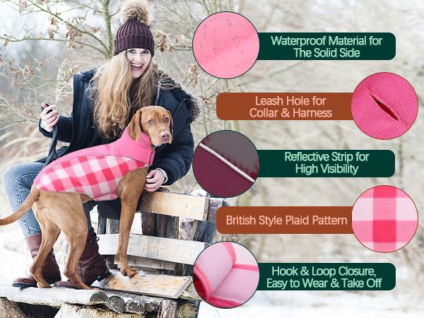 Kuoser Reversible Dog Coat, Warm Waterproof Dog Jacket, British Style Plaid Dog Winter Coats, Puppy Cold Weather Vest Windproof Outdoor Clothes Dog Snow Jackets for Small Medium Large Dogs