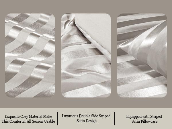 Whale Flotilla 3-Piece Reversible Silky Soft King Size Comforter Set, Luxury Stripe Satin Oversized Comforter Bedding Set with 2 Satin Pillowcases, Lightweight Duvet for All Seasons