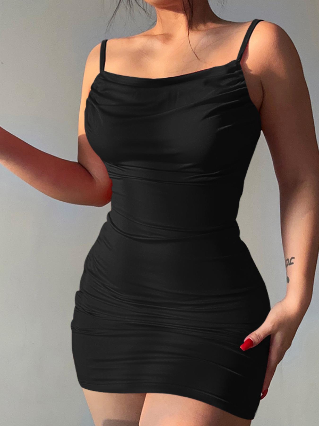 Women's Solid Backless Ruched Bodycon Dress, Fashion Casual Spaghetti Strap Cami Dress for Daily Outdoor Wear, Ladies Clothes for All Seasons