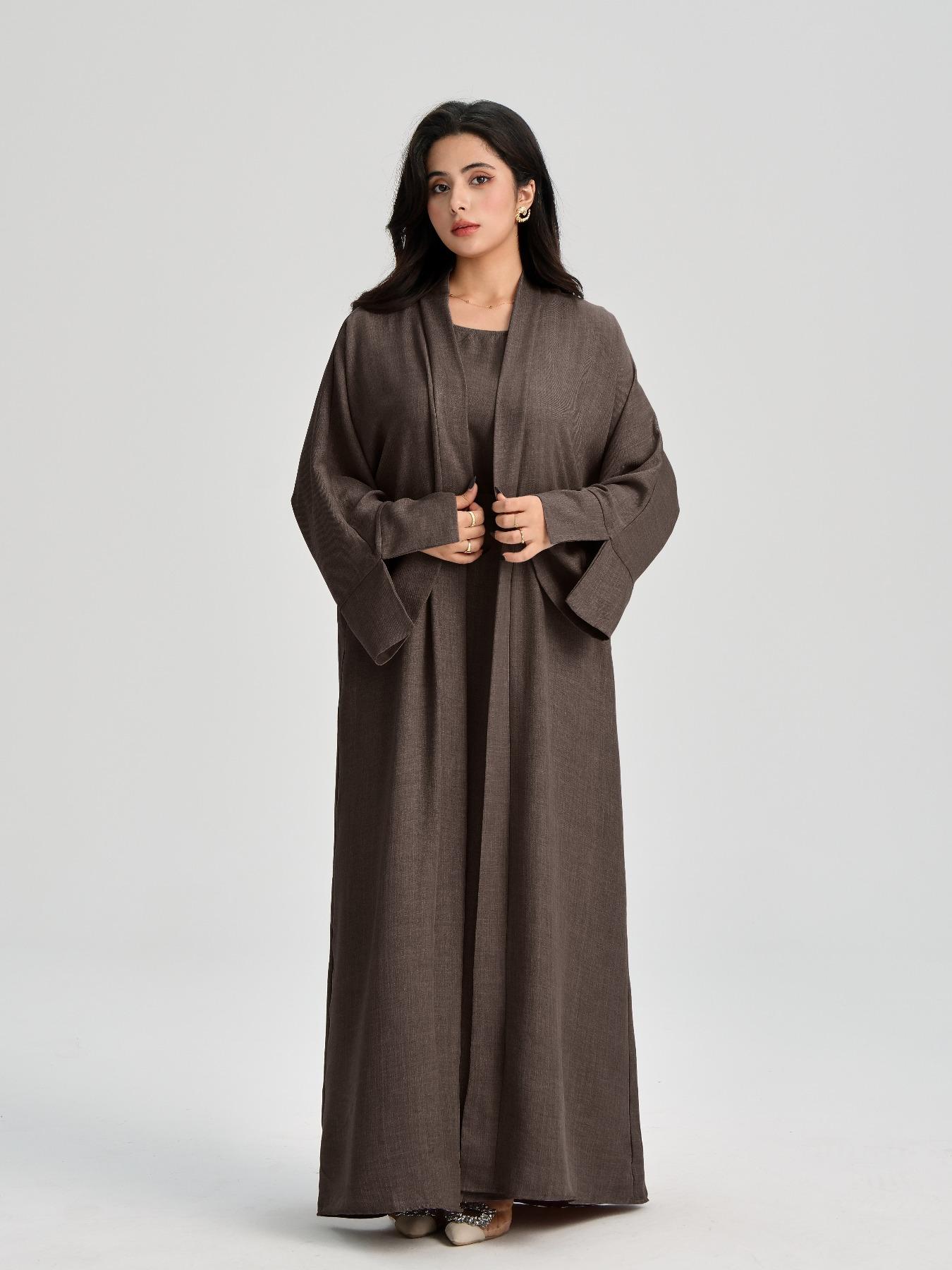Women's Solid Color Belted Abaya & Dress Two-piece Set, Casual Long Sleeve Open Front Outerwear & Dress Set, Modest Muslim Outfits, Ladies Islamic Clothing for All Seasons Women's Solid Color Belted Abaya & Dress Two-piece Set, Casual Long Sleeve Open Front Outerwear & Dress Set, Modest Muslim Outfits, Ladies Islamic Clothing for All Seasons