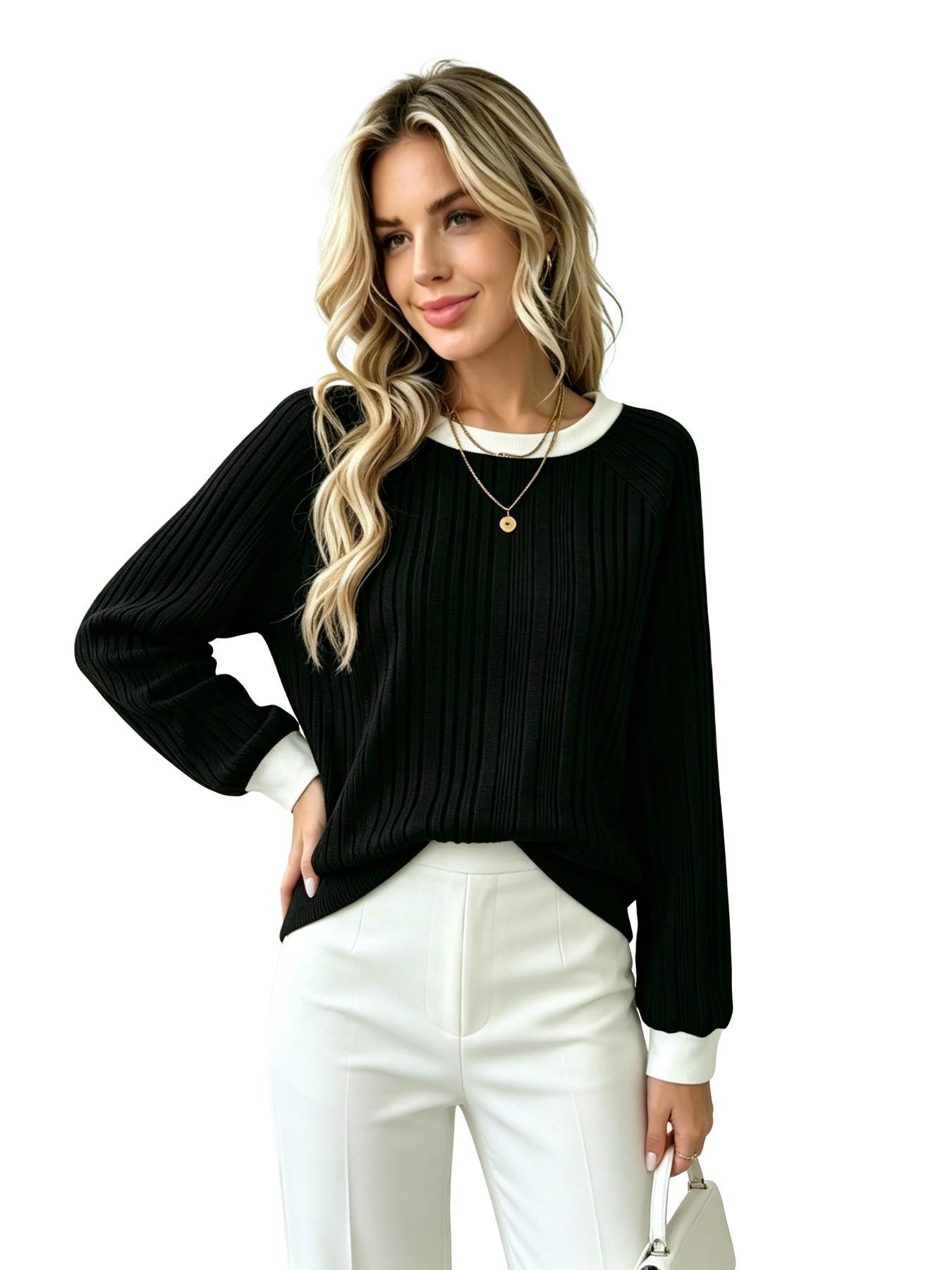 Women's Fall Winter Round Neck Long Sleeve Top, Soft Knit Slim Fit, Versatile Casual Wear, Suitable for Office Daily Home Use
