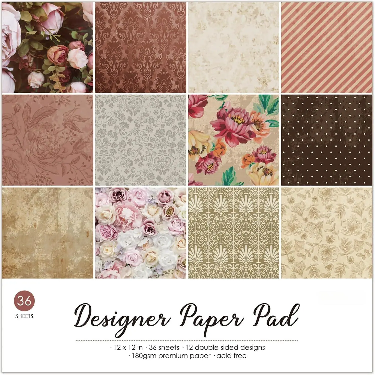 Flora 12x12 Double Sided Paper Pad - 36 Sheets 180gsm Cardstock - 12 Designs for Card Making Scrapbooking Journaling Origami Decopage Supplies