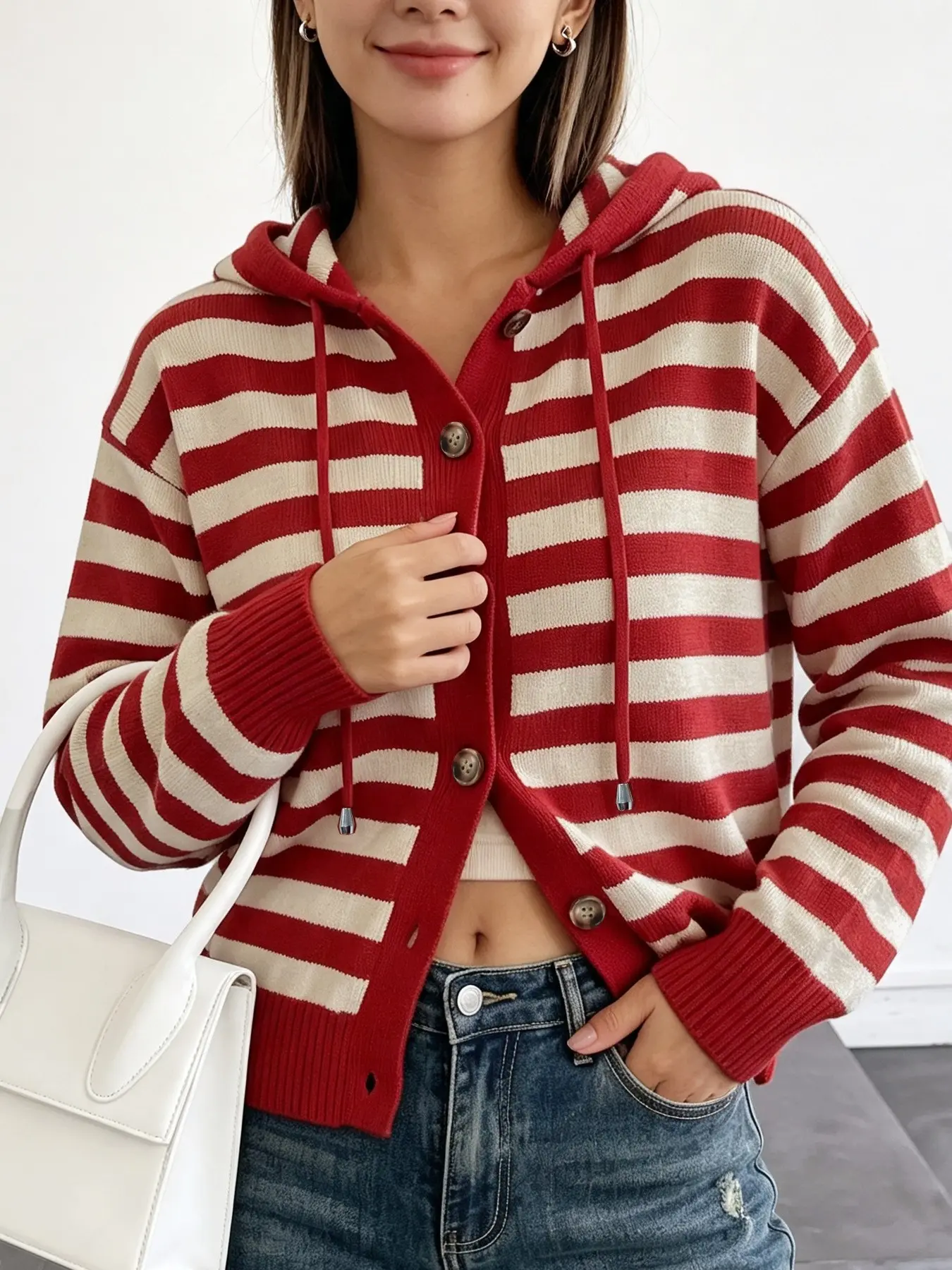 Women's Hooded Drawstring Knit Cardigan, Striped Long Sleeve Button Front, Casual Loose-Fitting Fall Winter Outer Vest, Daily Fashion Layering