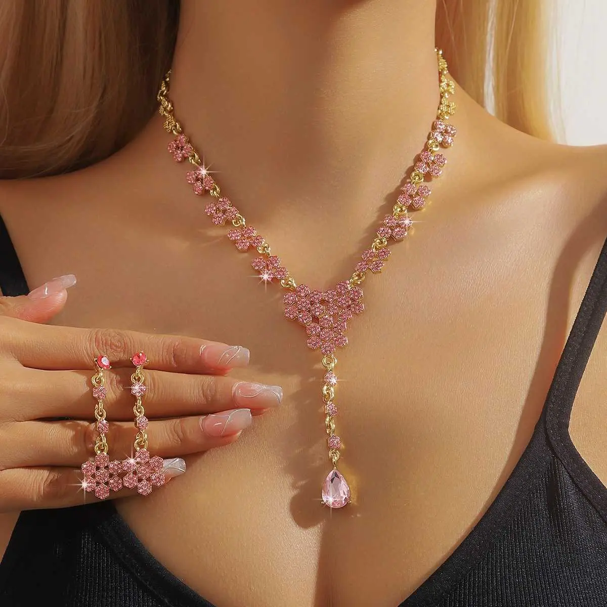European American Elegant Bridal Alloy Jewelry 2-Piece Set Long Floral Tassel Earrings Zircon Necklace Set YH260909F12