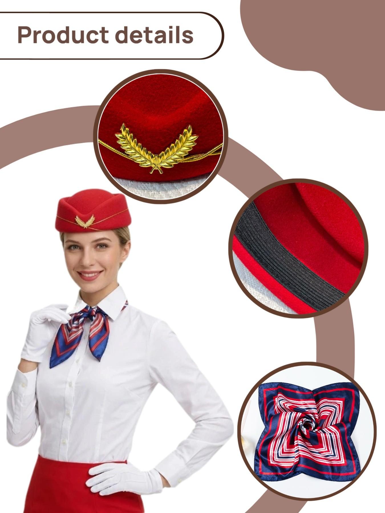 3-Piece Holiday Flight Attendant Costume Set for Women, Includes Hat, Scarf, Gloves, Perfect for Role Play, Vintage Stewardess
