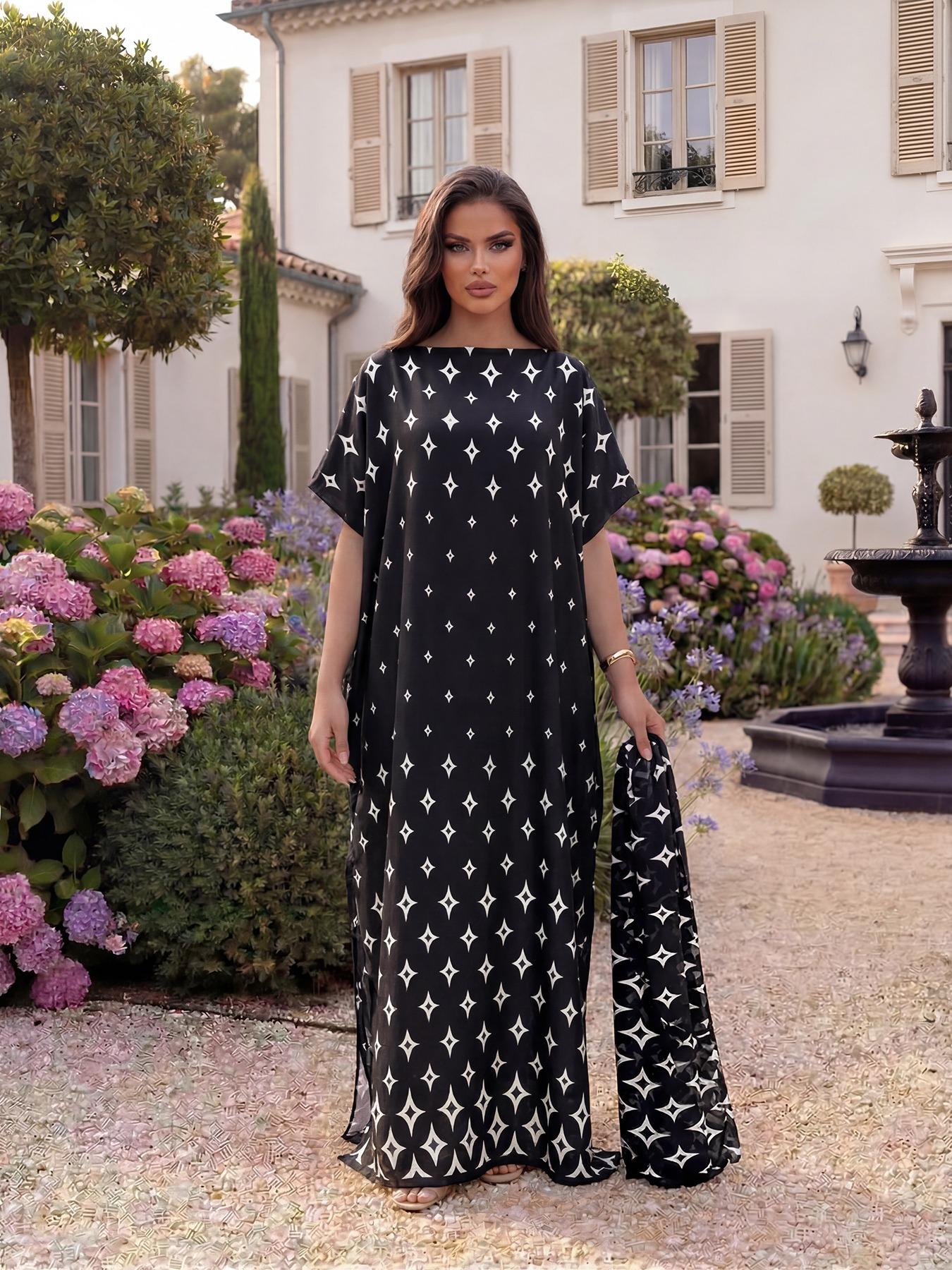 Elegant Geometric Print Shawl Set, Fitted Long Robe with Headscarf, Sun Protection Silk Scarf, Beachwear for Women, All Seasons, Swimsuit Coverup, Beach Cover Ups, Swimwear Cover Up