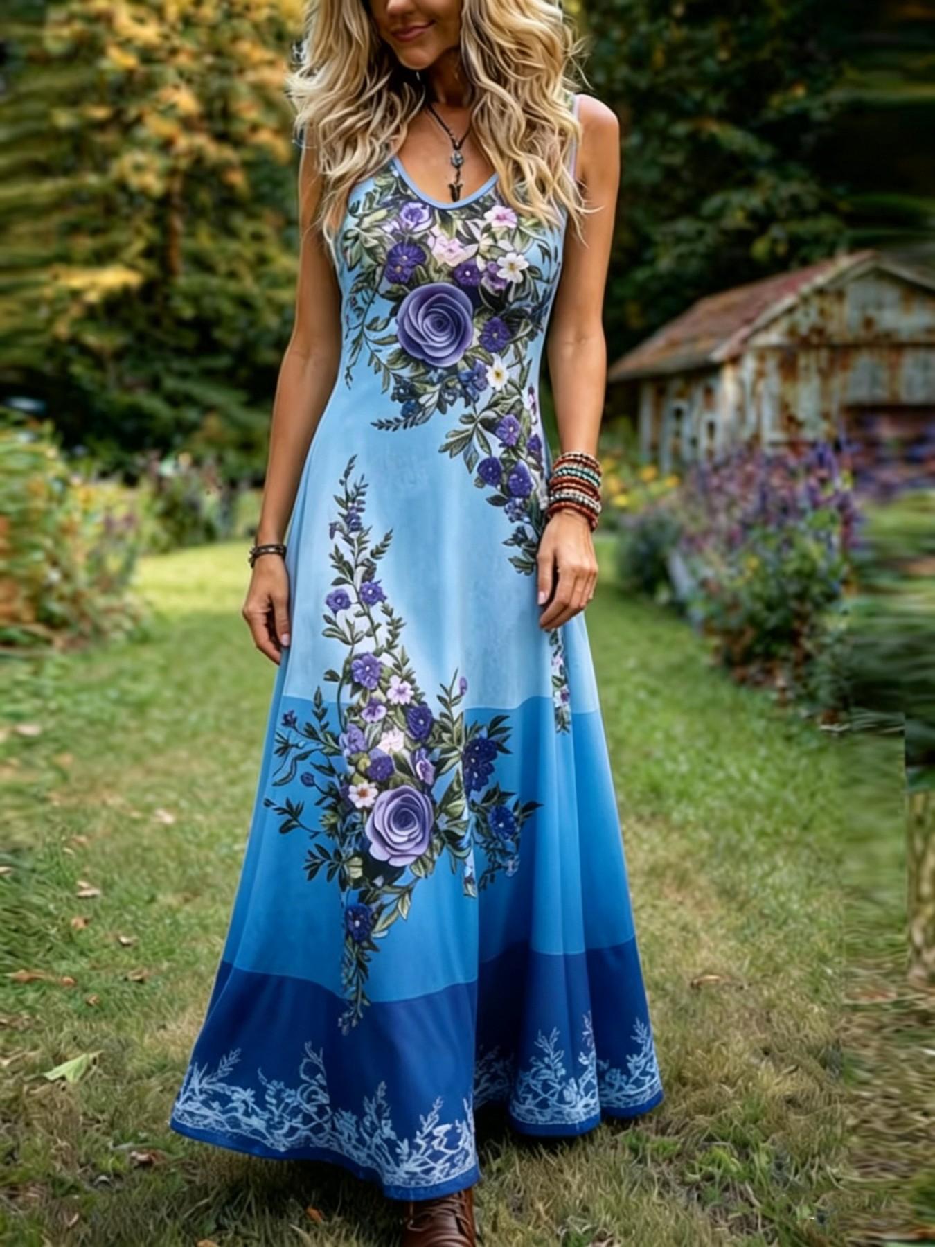 Elegant Vintage Floral Print Sleeveless Dress for Plus Size Women, Colorblock Design, Summer, Perfect for Casual & Special Occasions