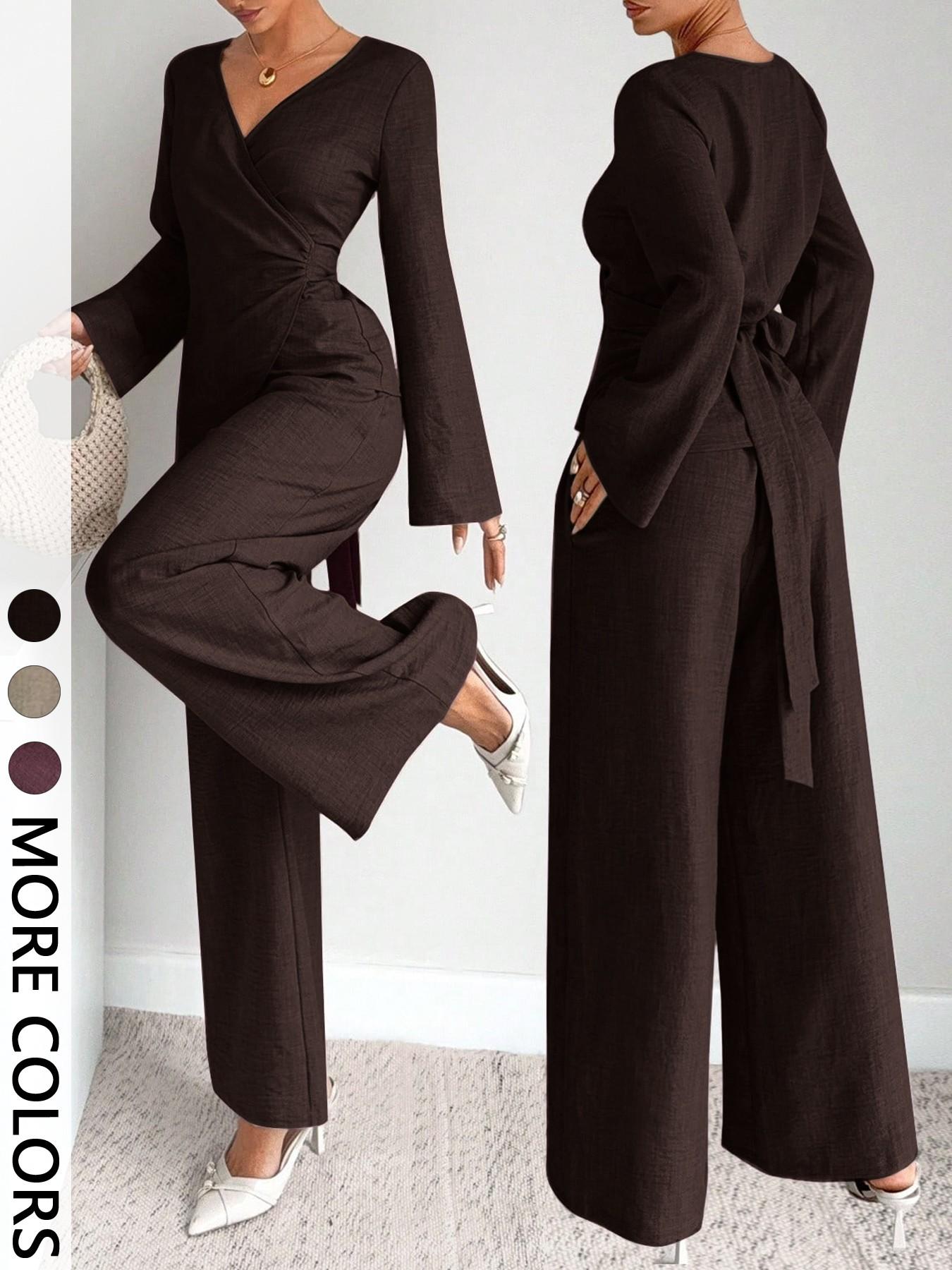 Elegant Women's 2-Piece Set Suits, Plain Color Layered Neck Crop Shirt with Bell Sleeve, Long Pants, Fall Winter for Parties