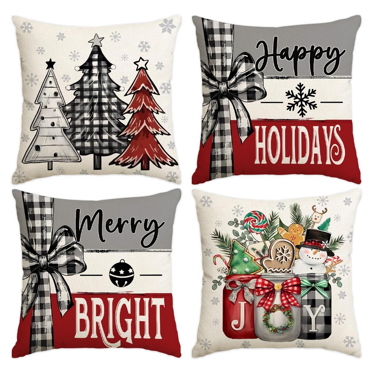 4pcs Christmas Pillow Covers Set, Tree Santa Snowflake Reindeer Prints, Winter Holiday Home Decor Cushion Cases for Bedroom Sofa Car Decoration, Halloween