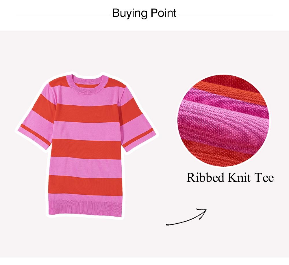 Asvivid Women's Summer Tops Bright Pink Colorblock Striped Ribbed Knitted Round Neck T Shirt Stripe Top SpringStatements