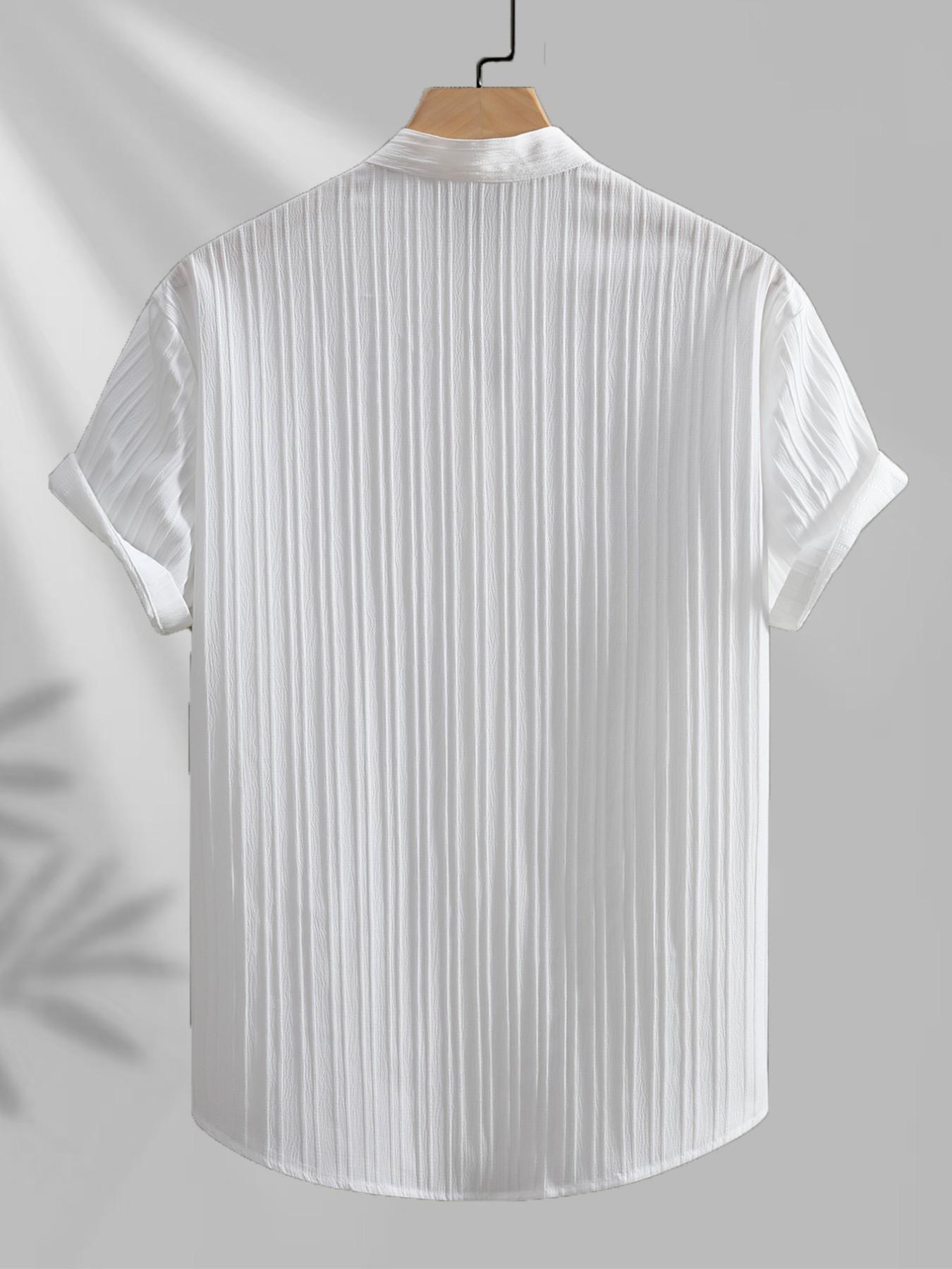 Men's Summer Solid Striped Casual Short Sleeve Stand Collar Menswear Shirt, Breathable Comfort Button-Up Top, Fashion Versatile Shirt for Daily Wear, Beach Vacation, Beachy Shirt