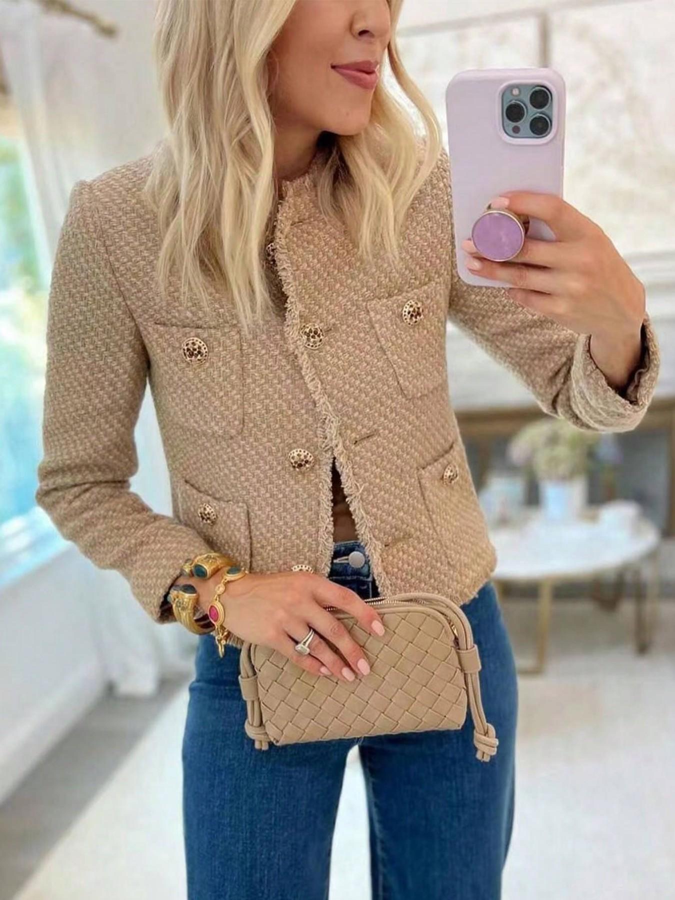 Women's Elegant Multi-Pocket Short Jacket, Fringe Edge & Metal Button Design, Perfect for Autumn Summer, Outerwear for Office, Parties & Daily Wear