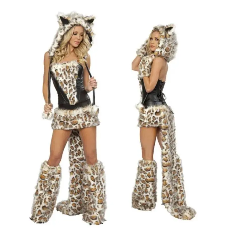 Halloween Costume Women Sexy Furry Animal Costume Gray Deluxe Elephant White Panda Leopard Catgirl Roleplay Cosplay Party Outfit