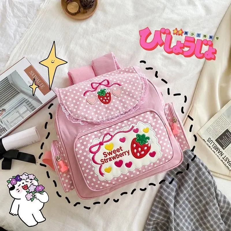 Pink Girl Embroidery Strawberry Children's Schoolbag Student Birthday Gift 2026 New Japanese Cartoon Pink Backpack Book Bags