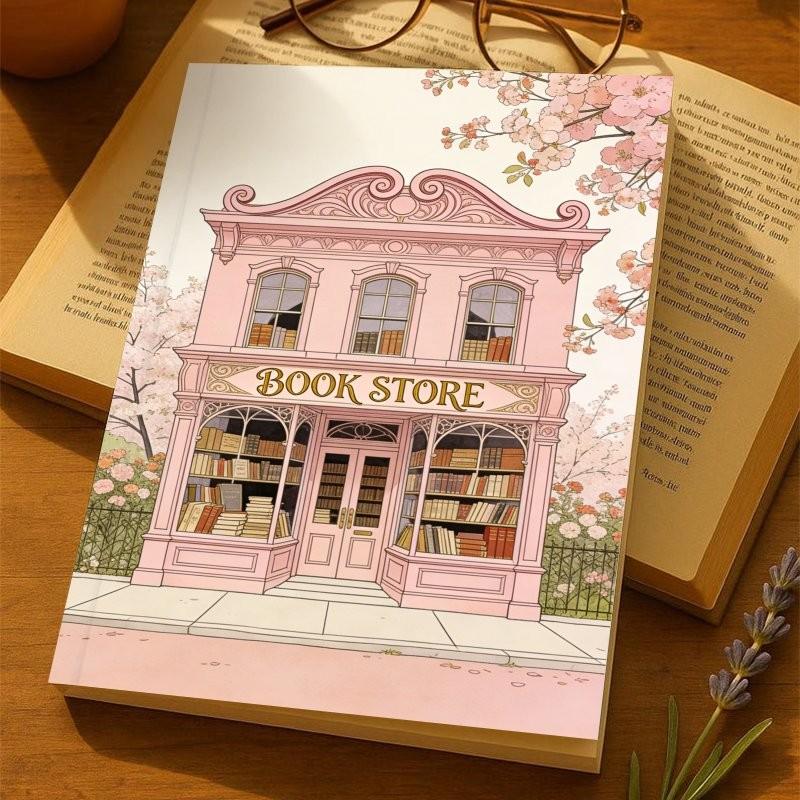 1pc A5 Reading Planner Notebook, Daily Reading Journal With Pink Bookstore & Bookshelf Illustrations, 170 Pages Reading Log And 52 Book Review Templates, Stationery For Book Lovers To Record Book Notes And Quotes, Journaling Supplies
