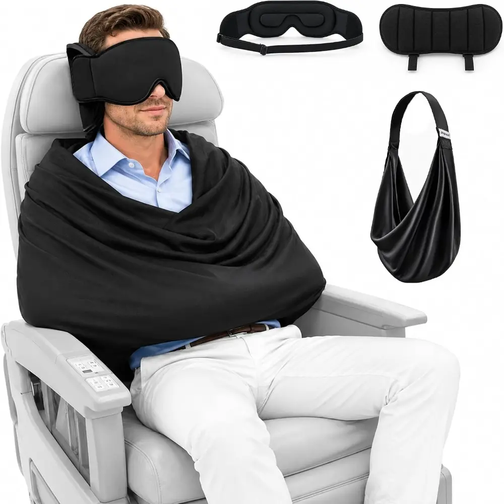Travel Pillow with Eye Mask, 3-in-1 Airplane Sleep Support Travel Essentials for Comfort, Portable Sleep System with Neck Support Head Strap, Sleeper Hold for Flight Car Train Travel Neck Cushion
