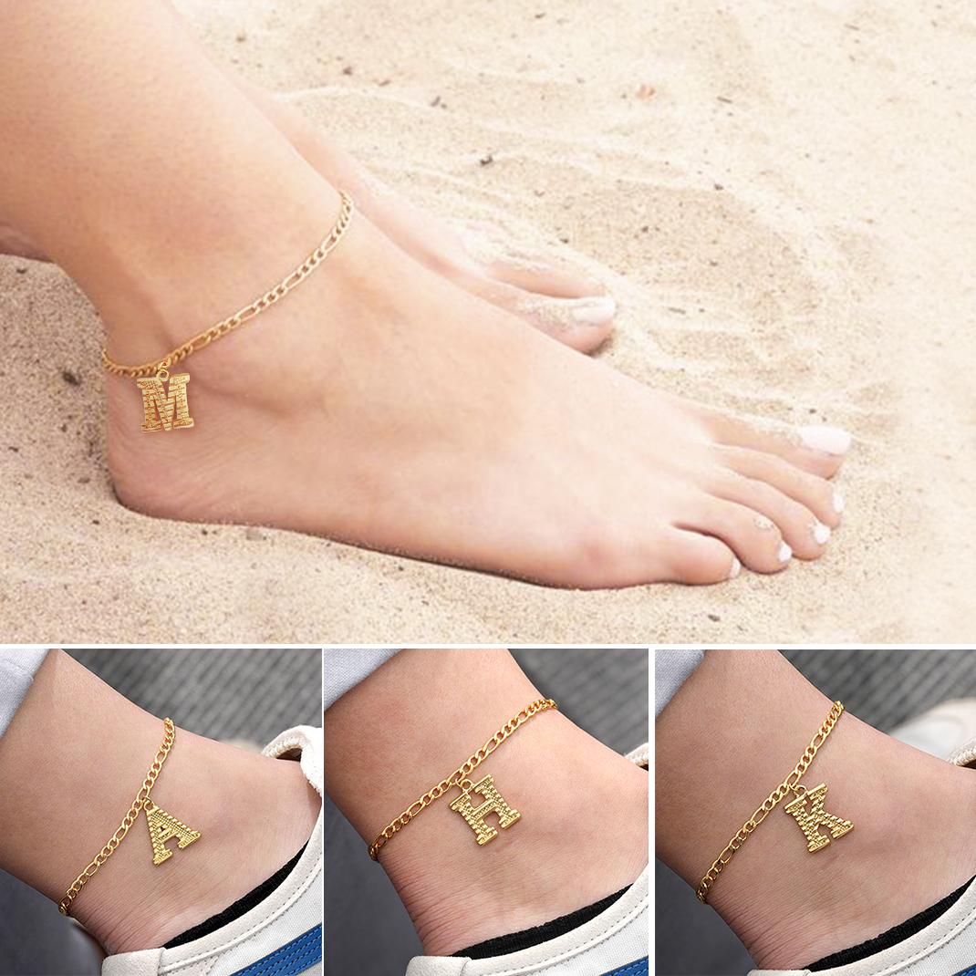 FindChic Embossed 26 Large Letter Charms Anklet Initials Adjustable A-Z Alphabets Figaro Chain Bracelets Beach Summer Foot Jewelry Unisex For Women Girlfriend Birthday Anniversary Wedding Valentine's Day Christmas Holiday Gift