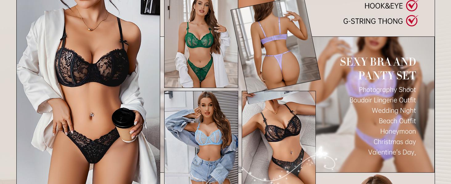 Avidlvoe Lingerie for Women Lace Bra and Panty Sets 2 Pieces Underwear Underwire Lingerie Set