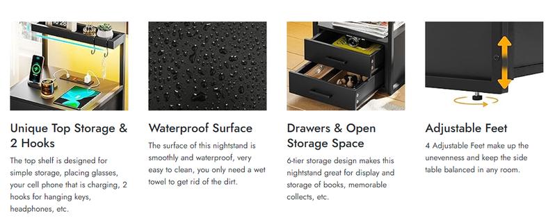 Sikaic LED Nightstand With Charging Station 2 USB Ports And 2 AC Outlets And 3 Drawers Open Storage Led Nightstand Shelf Modern Desk Bedroom Set Bedside Cabinet Lighted Vanity Table End Table