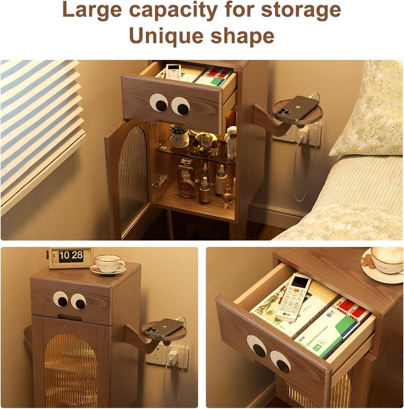 Robot Nightstand, 100% Solid Wood - No MDF, Mid Century Modern Design with Drawers, Adjustable Dividers, Sensor Light, Ideal for Cozy Atmosphere