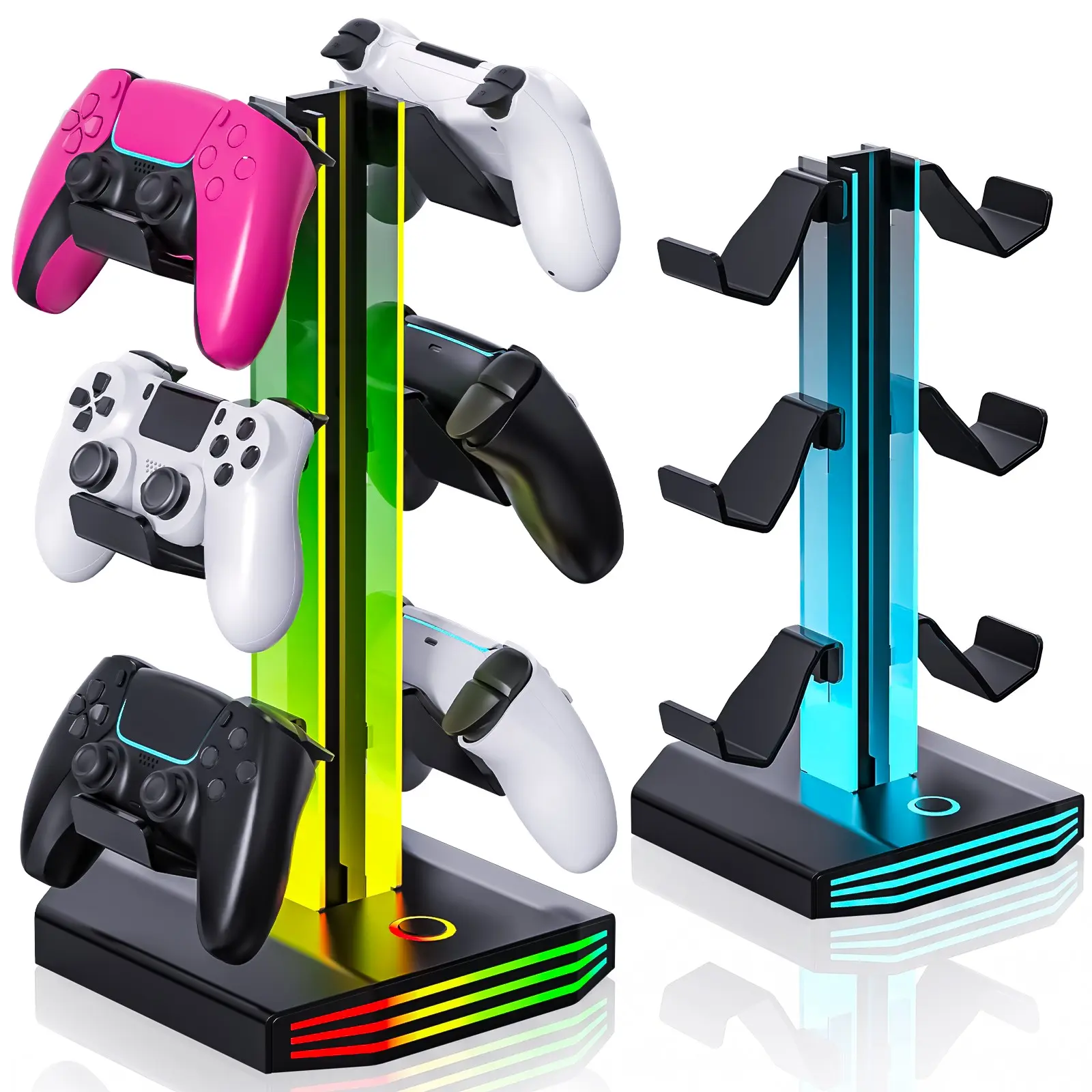 RGB Controller Stand & Headset Holder, 9 Lighting Modes, 6 Controller Hooks, 2 USB-A Ports, Anti-Slip Gaming Desk Organizer for Ps5/ps4, X Series, Switch & PC