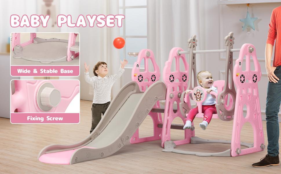 Rengue 4 in 1 Kids Slide and Swing Set, Indoor/Outdoor Playground for Toddlers 1-6 Kids Baby with Basketball Hoop, Climber Slide Toddlers Playset for Boys and Girls Backyard Playground