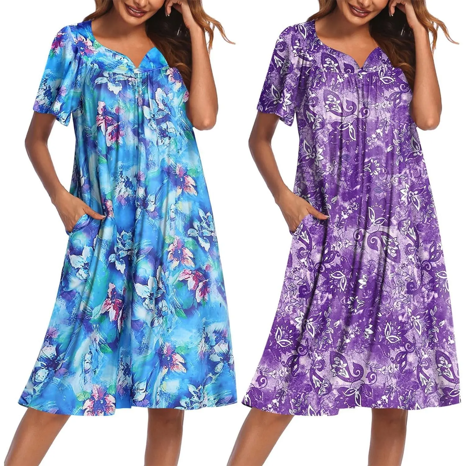 2 Pack House Dresses for Women with Pockets, Short Sleeve Floral Print Mumu Dresses, V-Neck Pleated Nightgown, Soft, No-Pilling, Wrinkle-Free Moomoo Dress for Home & Garden, S-4XLGift