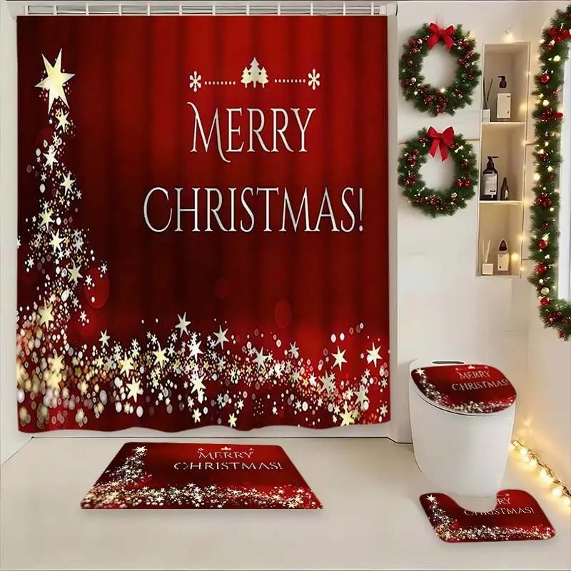 1/4pcs Christmas Holiday Theme Shower Curtain Set, Tree Design, Includes Bath Mat, Toilet Seat Cover, U-Shaped Pad, Perfect Gift, 12 Hooks Included, Bathroom Decoration Accessories