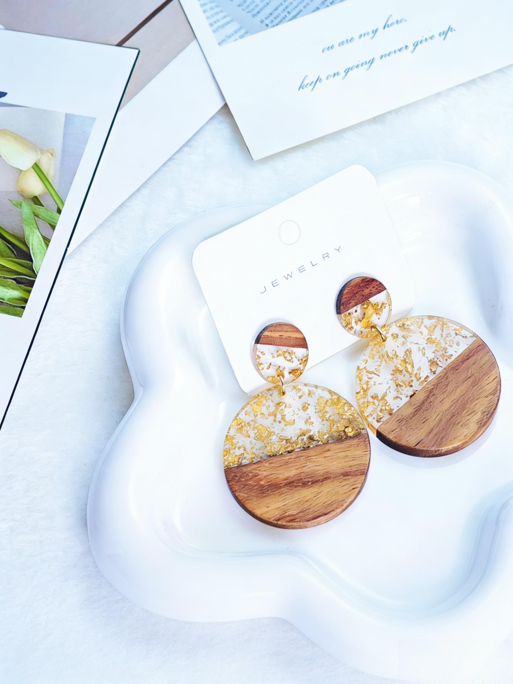 Boho Style Wooden Resin Gold Foil Earrings, Shiny Bling Effect, Natural Wood Ear Studs, Women's Fashion Jewelry, Perfect Gift for All Seasons