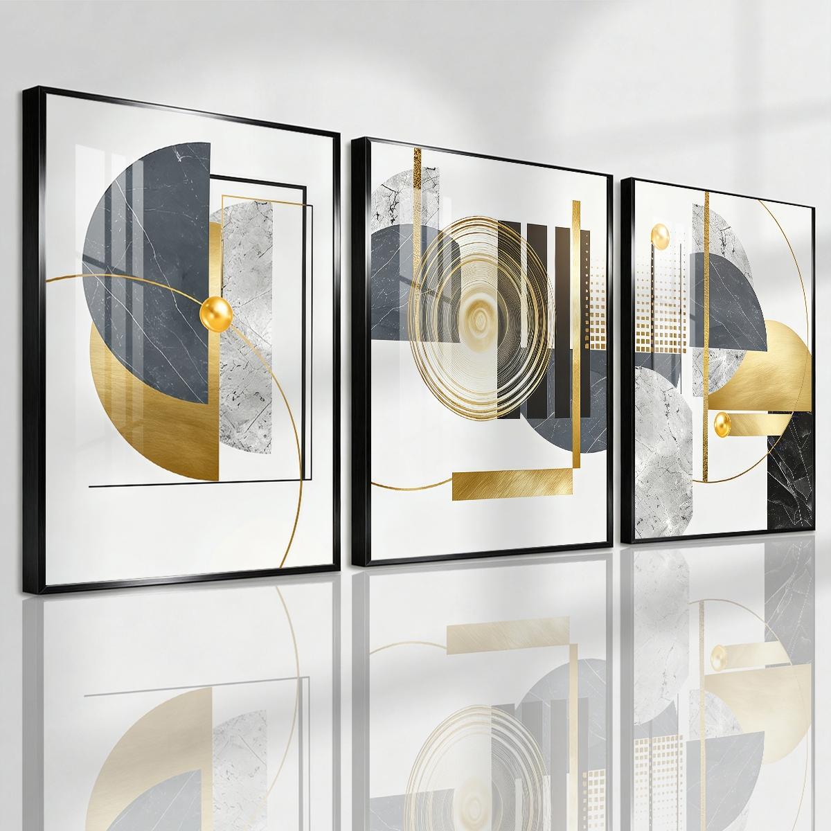 3 Counts Aluminum Alloy Framed Painting, Geometric Gold And Grey Abstract Art, Home Decoration For Living Room, Bedroom, Office, Restaurant, Hallway Wall Decor, Odorless Print Artwork, Luxury Perfect Gift For Friends And Family