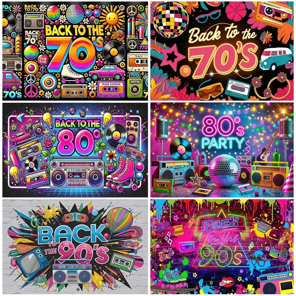 Retro 70s-80s-90s Neon Light Graffiti Tape Disco Backdrop Banner, Lightweight Party Decoration with Border, Home & Photo Studio Supplies