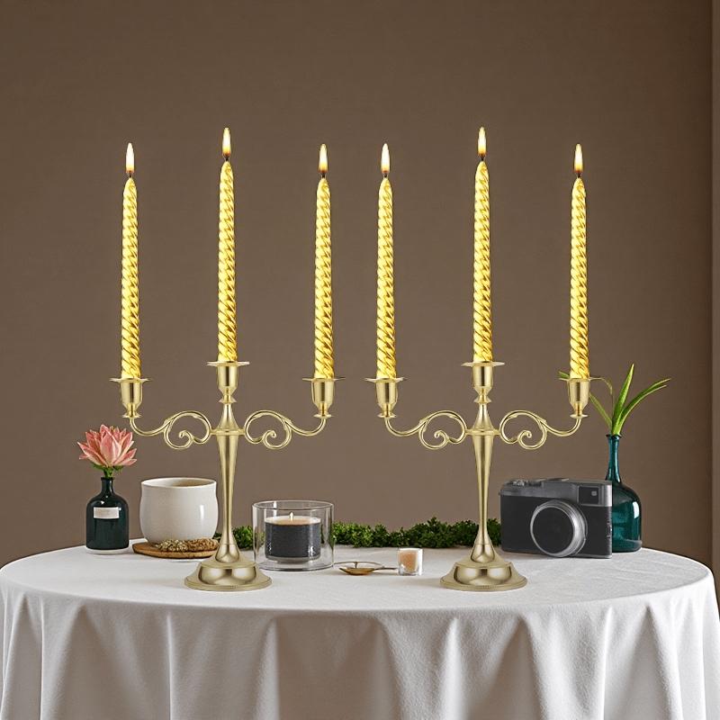 three-head gold candlestick, metal candlestick, gothic candlestick, vintage candlestick, suitable for weddings, churches, Halloween, Christmas, formal events, hotel living room and western restaurant table decoration.