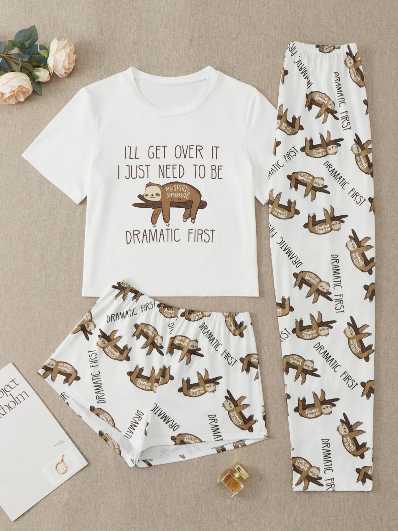Three-Piece Set Women's Cute Cartoon Sloth Print Tee & Shorts & Pants Pyjama Set, Casual Comfy Crew Neck T-Shirt & Shorts & Trousers PJ Set, Summer Clothes Women, Summer Outfits 2024, Pajamas Lounge Set
