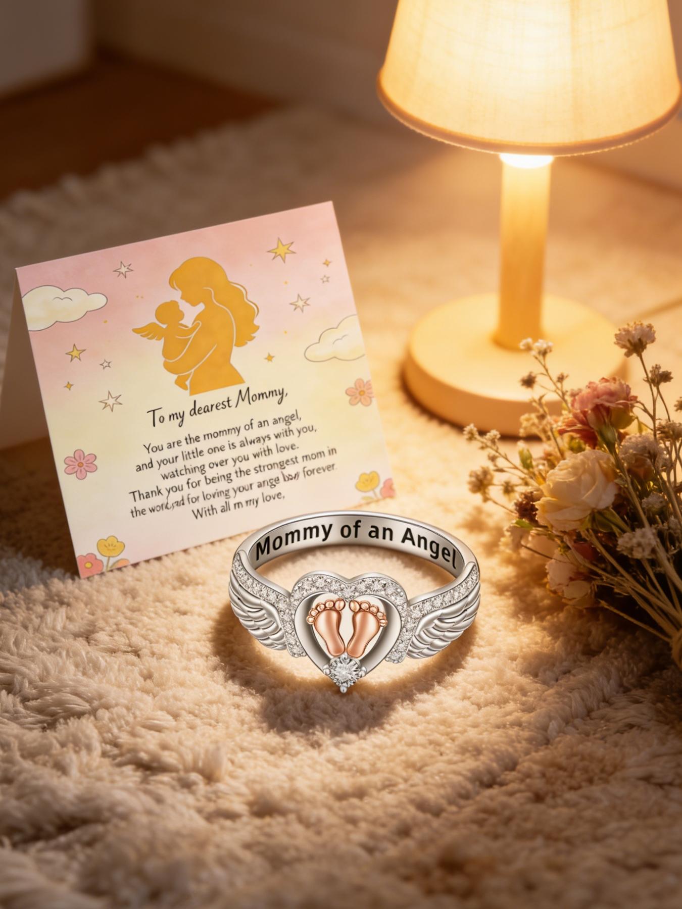 Angel Ring Mom's Edition, Angel Wings Baby Footprint Heart-shaped Ring - A commemorative piece of jewelry for those who have lost a baby, a meaningful gift for mothers as a token of sympathy, a Mother's Day present.