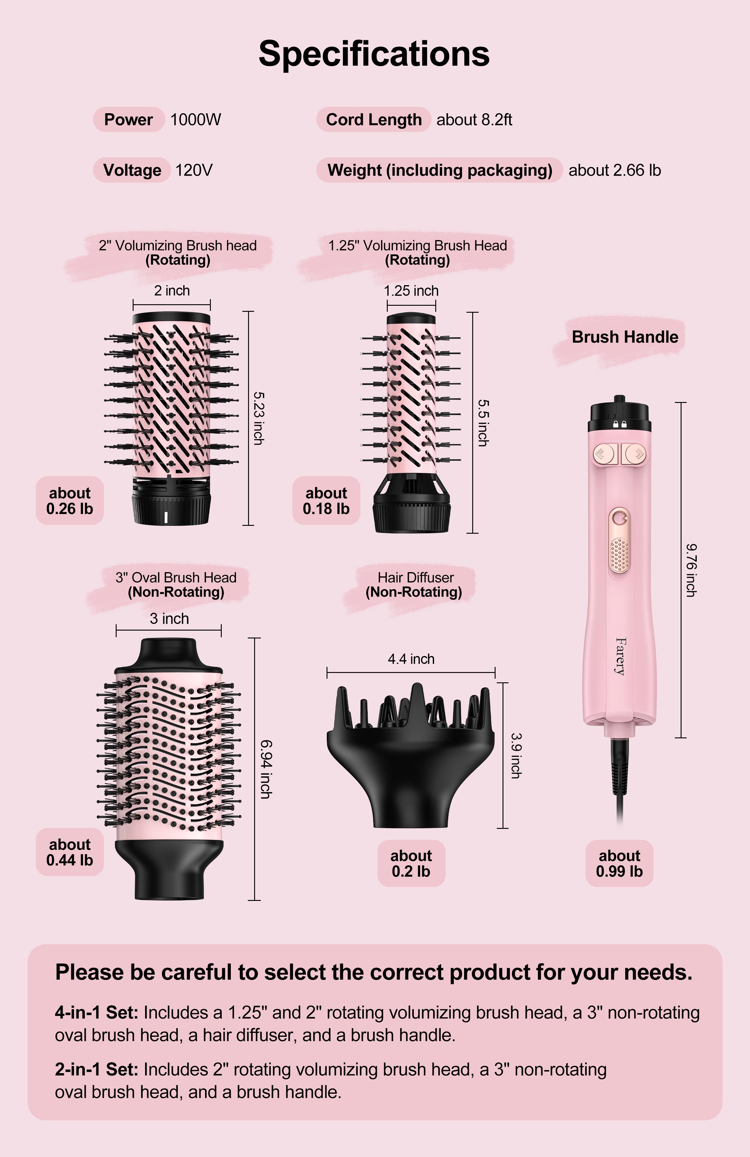 Farery 2-in-1 Blow Dryer Brush Set for Frizz-Free Blowout | 2-inch Rotating Hair Dryer Brush & 3-inch Hot Air Brush with Oval Barrel