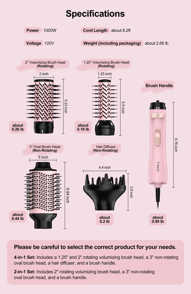 Farery 2-in-1 Blow Dryer Brush Set for Frizz-Free Blowout | 2-inch Rotating Hair Dryer Brush & 3-inch Hot Air Brush with Oval Barrel