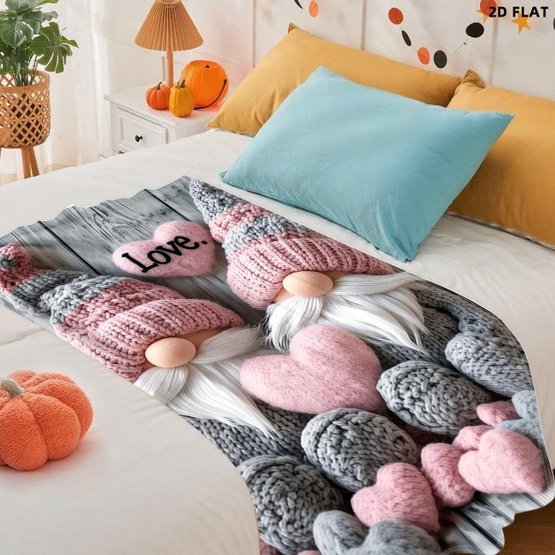 Cozy Love-themed Knitted Gnome Throw Blanket, Single-sided Printed, Multiple Specifications Available, Perfect for Napping & Relaxing, Soft Flannel Material, Ideal for Adults, Adds Warmth & Charm to Home, Office & Travel