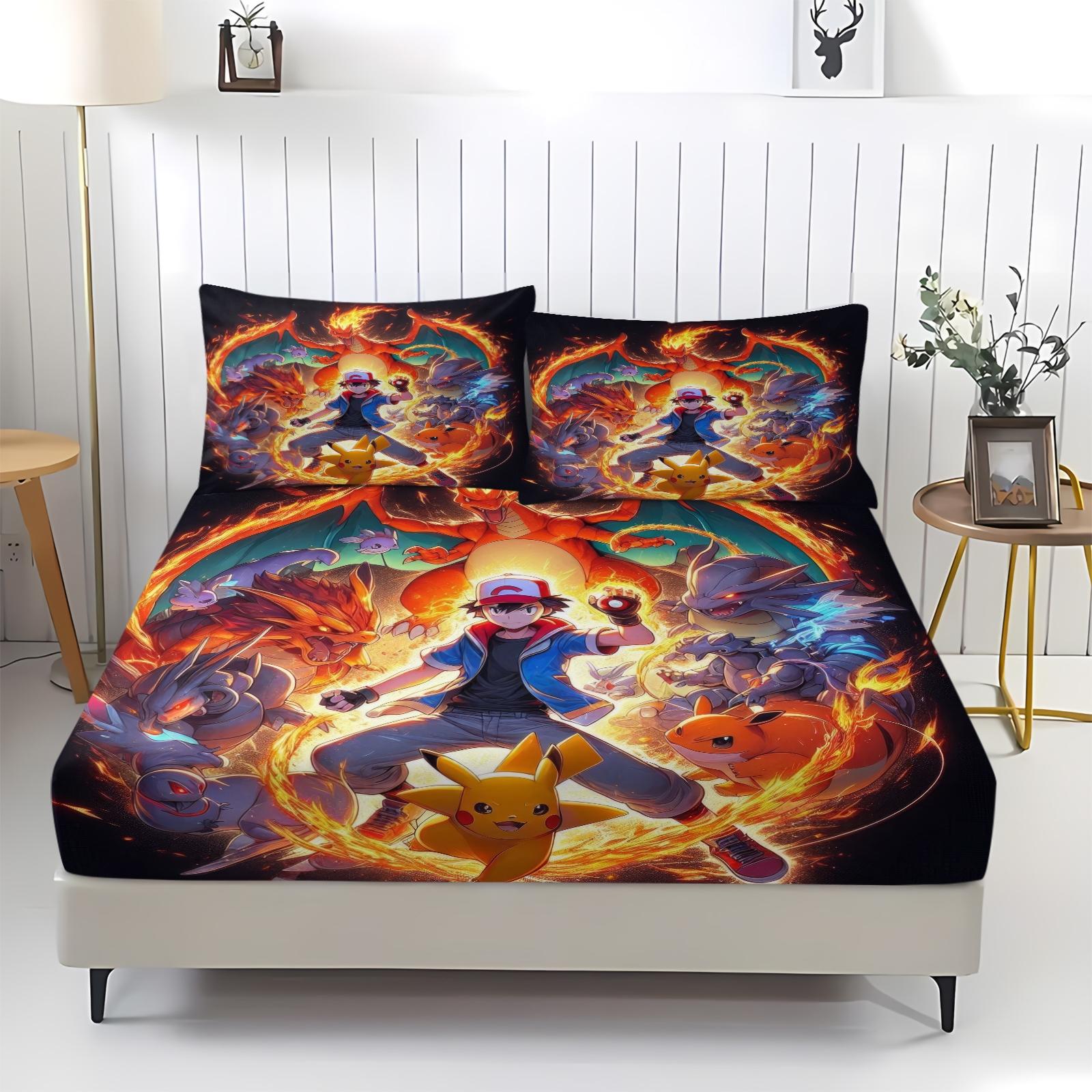 3-Piece Pikachu Pattern Fitted Sheet Set, Soft And Durable Bedding Set Includes 1 Piece Flat Sheet And 2 Pieces Pillowcases, Daily Holiday Birthday Gift Bedroom Decorations For Kids And Adults