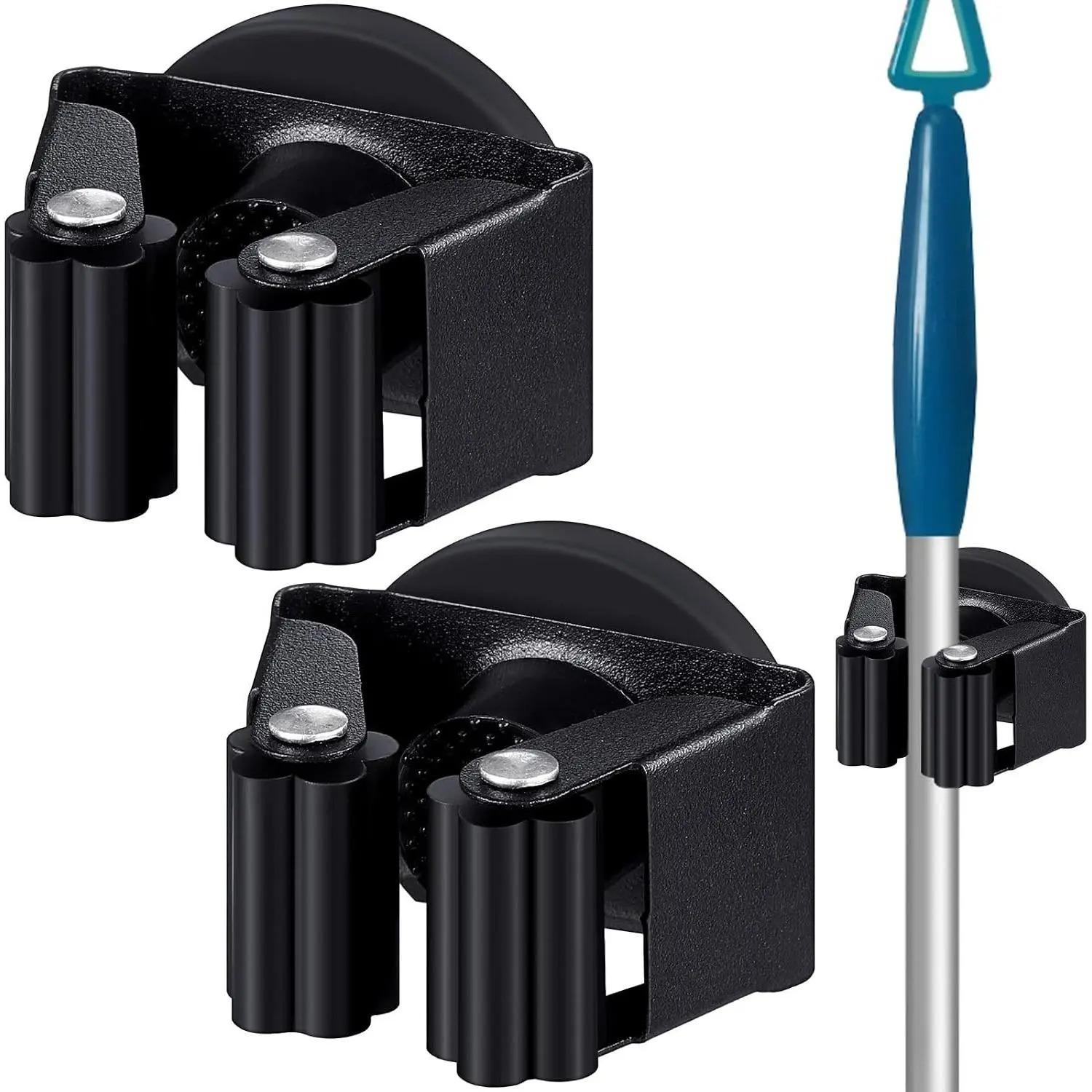2 Pcs Magnetic Broom Holder Wall Mounted Anti Slip Rack,Black | Movable Magnetic Organizer for Mops Brooms, Dual Roller Grip, Wall Storage for Garage Kitchen Laundry Garden Tools