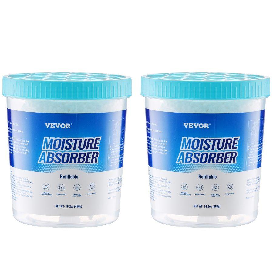 VEVOR Moisture Absorber Bucket, 2 Packs 16.2 oz Hi-Capacity Moisture Absorber Bucket with 800ml Storage Area Reusable Outer Bucket for Long-Term Use, Fragrance Free Moisture Absorber for Fresher Air