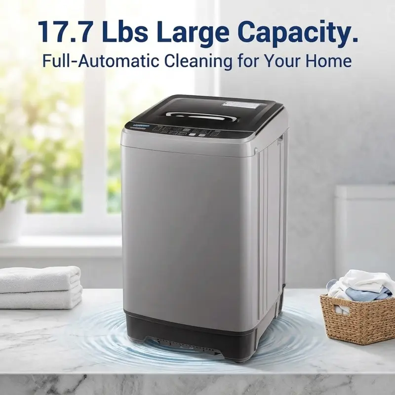 17.7 Lbs Portable Washing Machine Full Automatic, Compact Top Load Washer for Apartment Dorm RV, Small Laundry Machine with Drain Pump & 10 Wash Programs, Quiet Space Saving Fully Automatic Washer, LED Display Perfect for Small Space Home Use