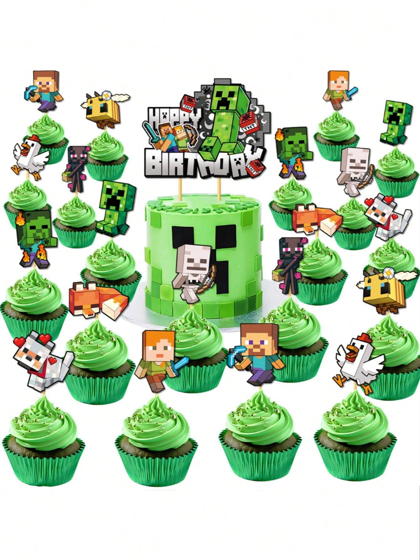 18pcs 26pcs Theme Pixel World Decoration Set, Includes Pull Flags, Plaques, Birthday Party Supplies, Perfect for Christmas Halloween Birthdays