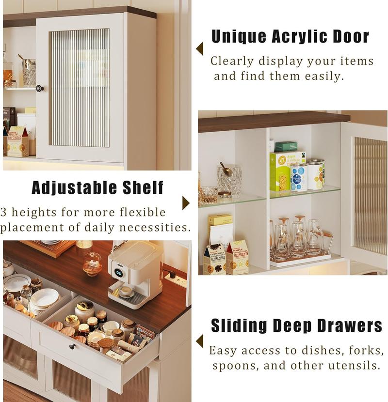 71" Kitchen Pantry Cabinet with Lights & Glass Doors, Pantry Storage Cabinet with Microwave Stand, Kitchen Hutch Food Cabinets with Charging Station, Adjustable Shelves, White