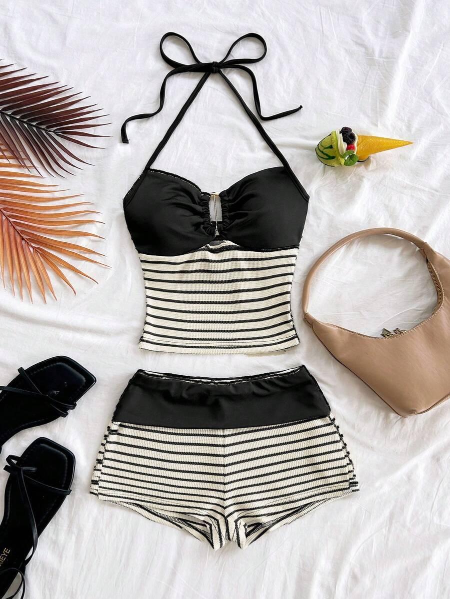 2-Piece Striped Knit Crop Top & Shorts Set, Boho Matching Set, Boho Style, Party Wear, Valentine's Day, Date Night, Beach, Fall Fashion, Beach Outfits Set