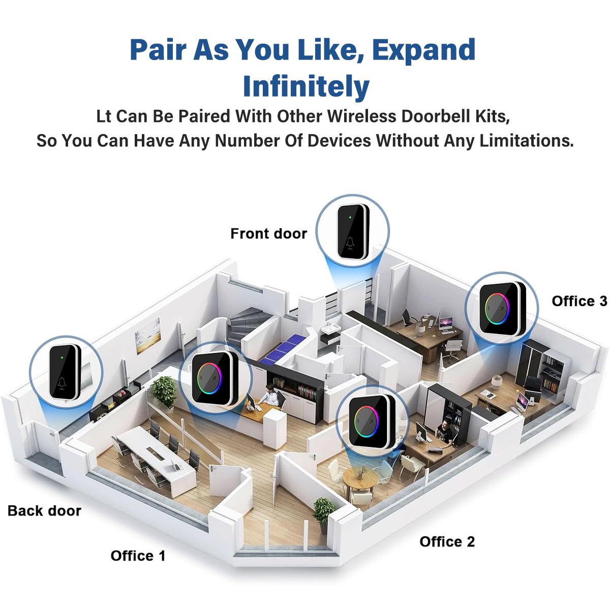 doorbell chimes, Wireless Doorbell, Easy installation, Waterproof, Adjustable Volume, 45 Chimes, Colorful LED, 1000Ft Range, M488-BS, Black IP44 (1 receiver 1 button)